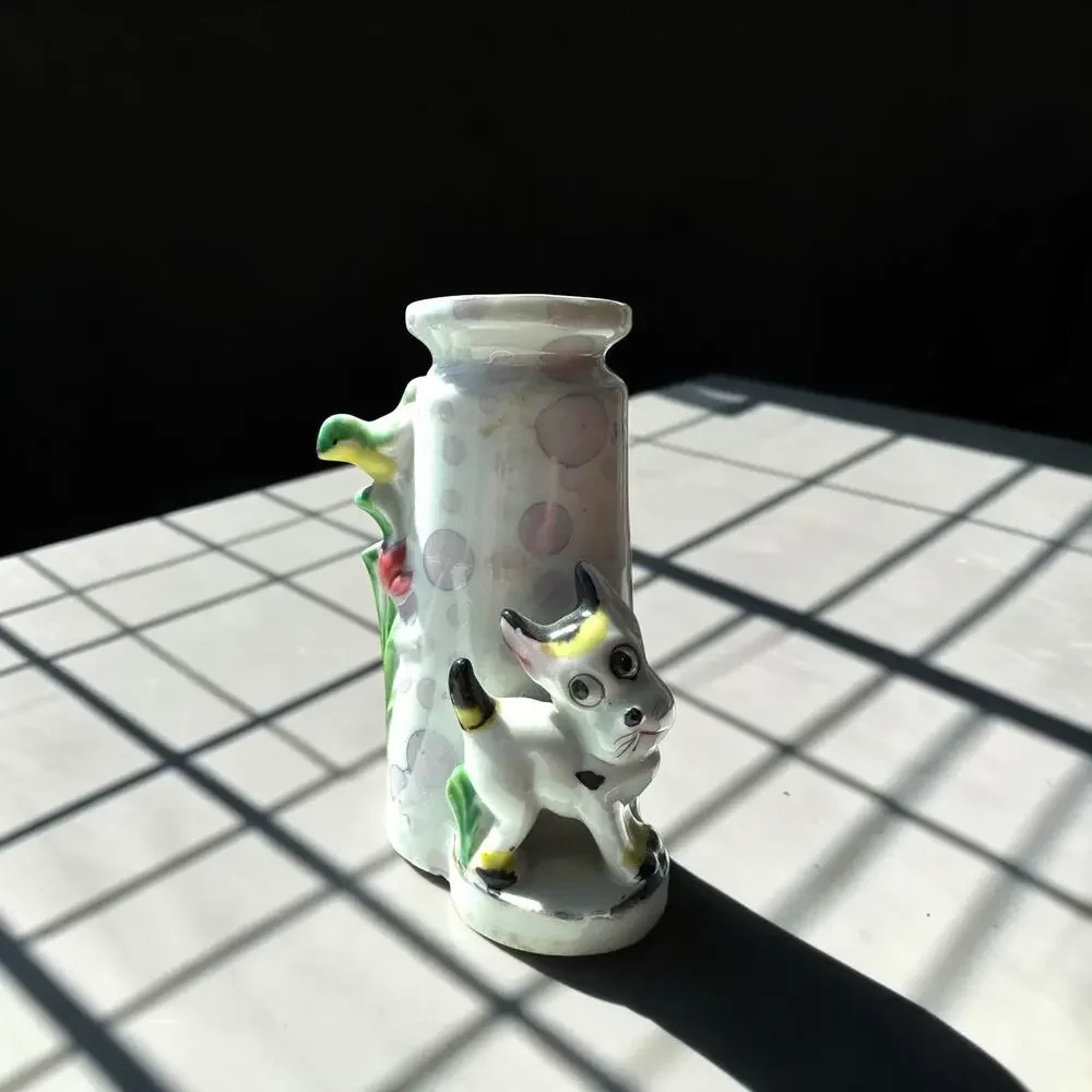 Vintage Made in Japan Ceramic Fawn Deer Bud Vase Figural Tulips Tree Trunk 1950s